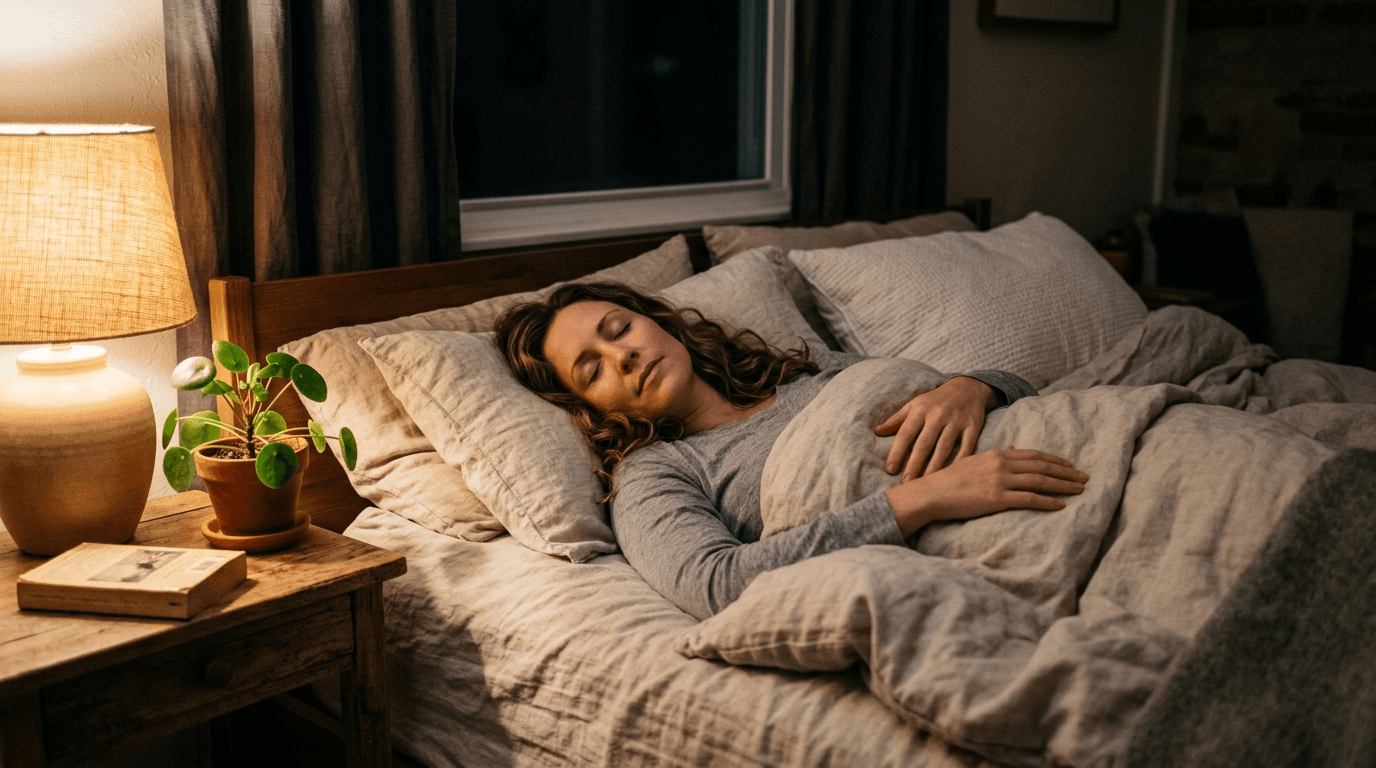 Woman in a dim bedroom practicing 4-7-8 breathing technique before sleep