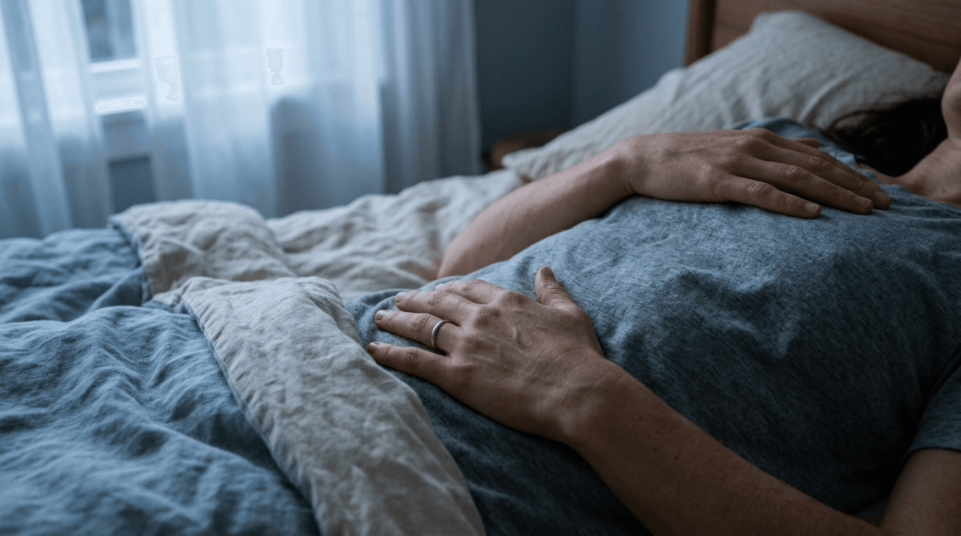Close-up of hands resting on belly while doing 4-7-8 breathing in bed