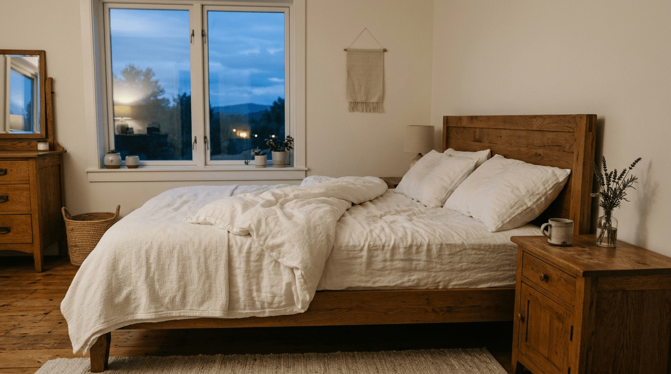 Peaceful twilight bedroom with soft lighting ideal for sleep breathing exercises