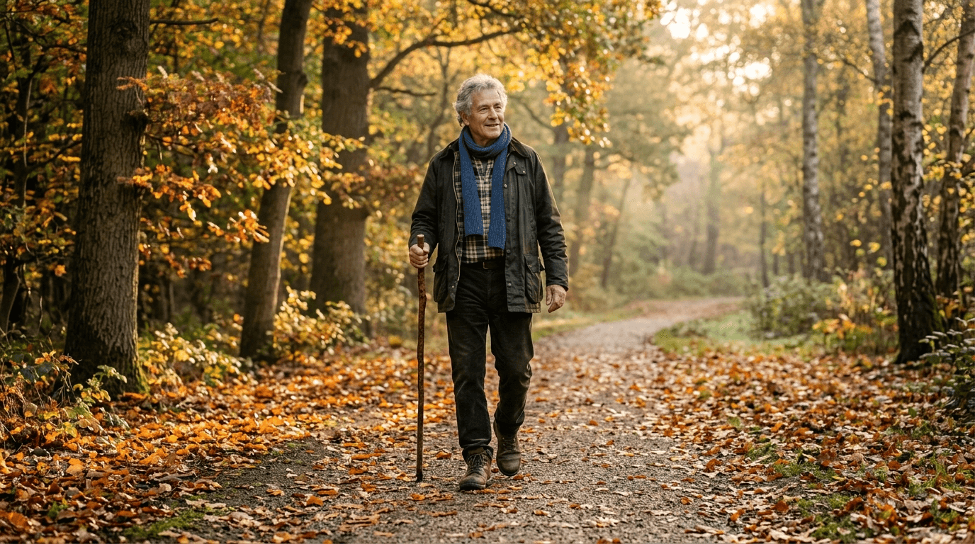 Man walking along an autumn forest path using walking breathing meditation