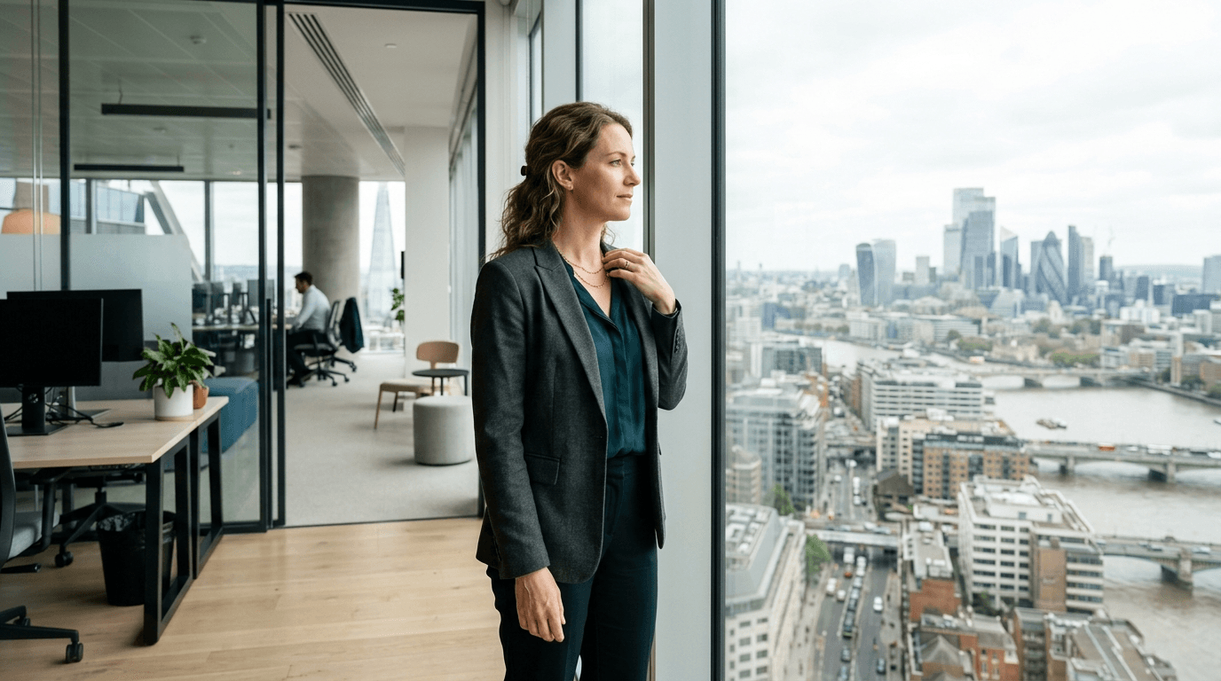 Woman standing at an office window taking a deep breath to reduce anxiety