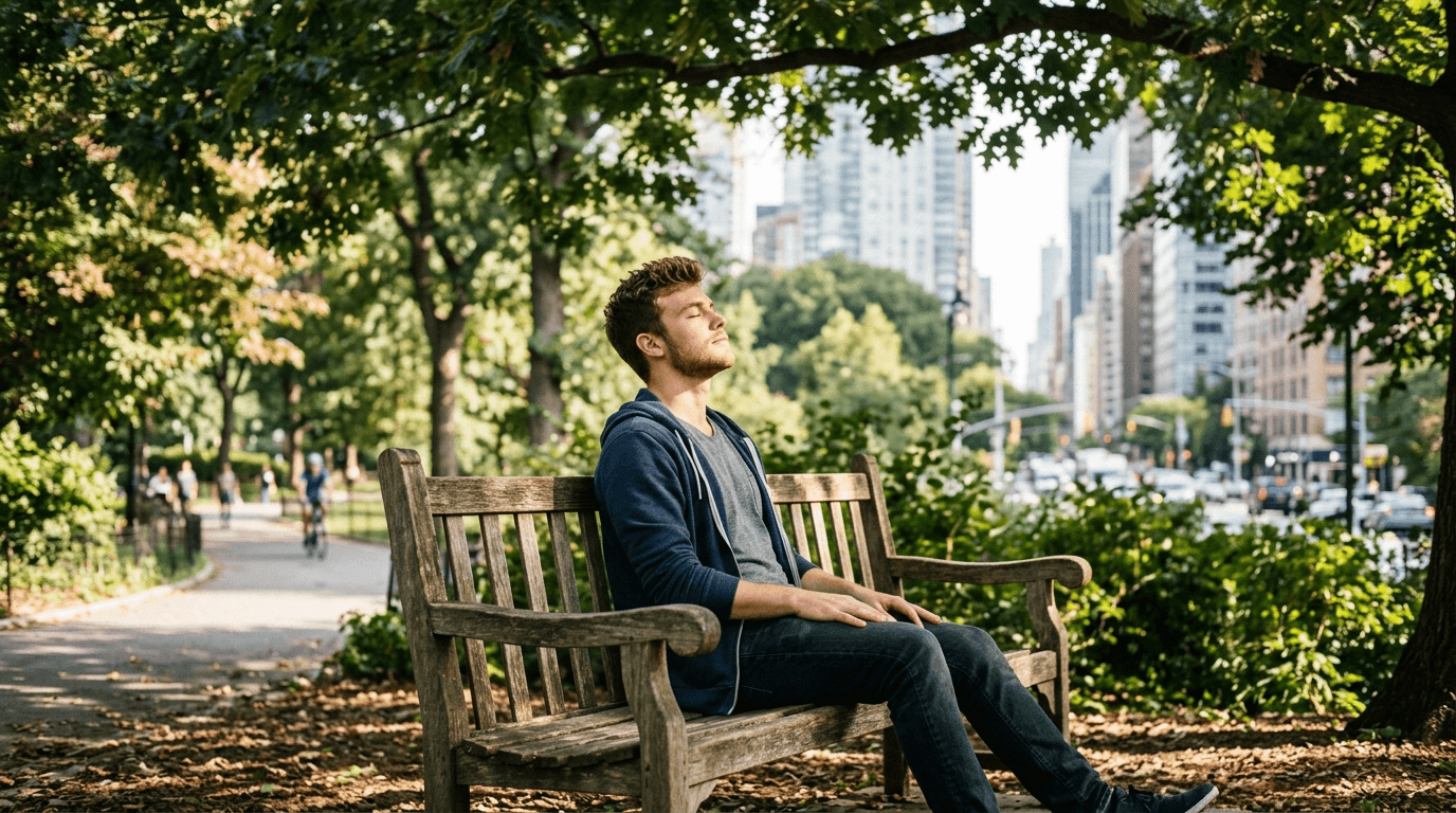Man sitting on a park bench practicing calming breathing exercises outdoors