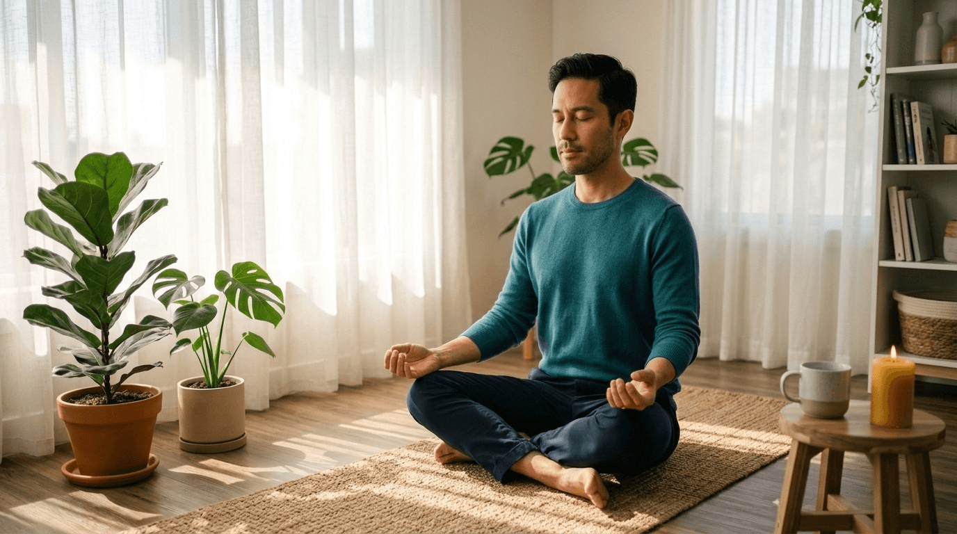 Man sitting cross-legged practicing calm rhythmic breathing in a bright room