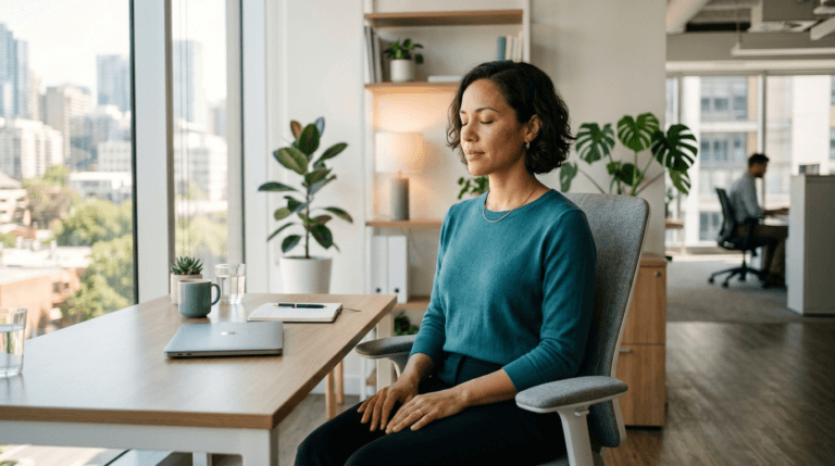 Professional woman practicing box breathing at her office desk with eyes closed