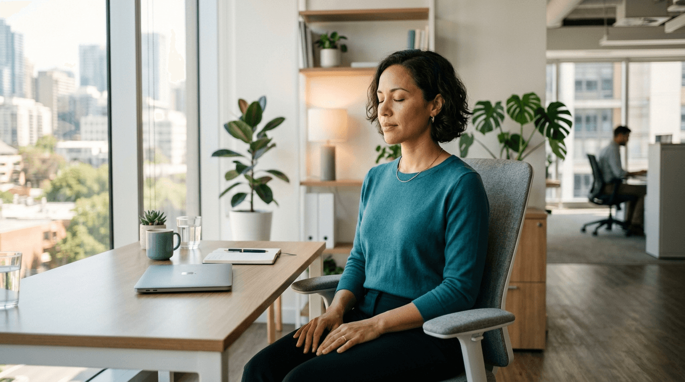 Professional woman practicing box breathing at her office desk with eyes closed