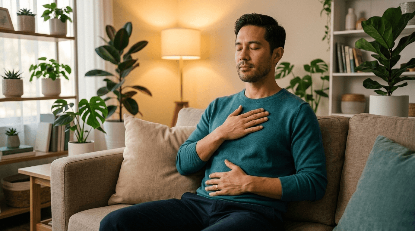 Man practicing controlled breathing with hand on chest and belly on a couch at home