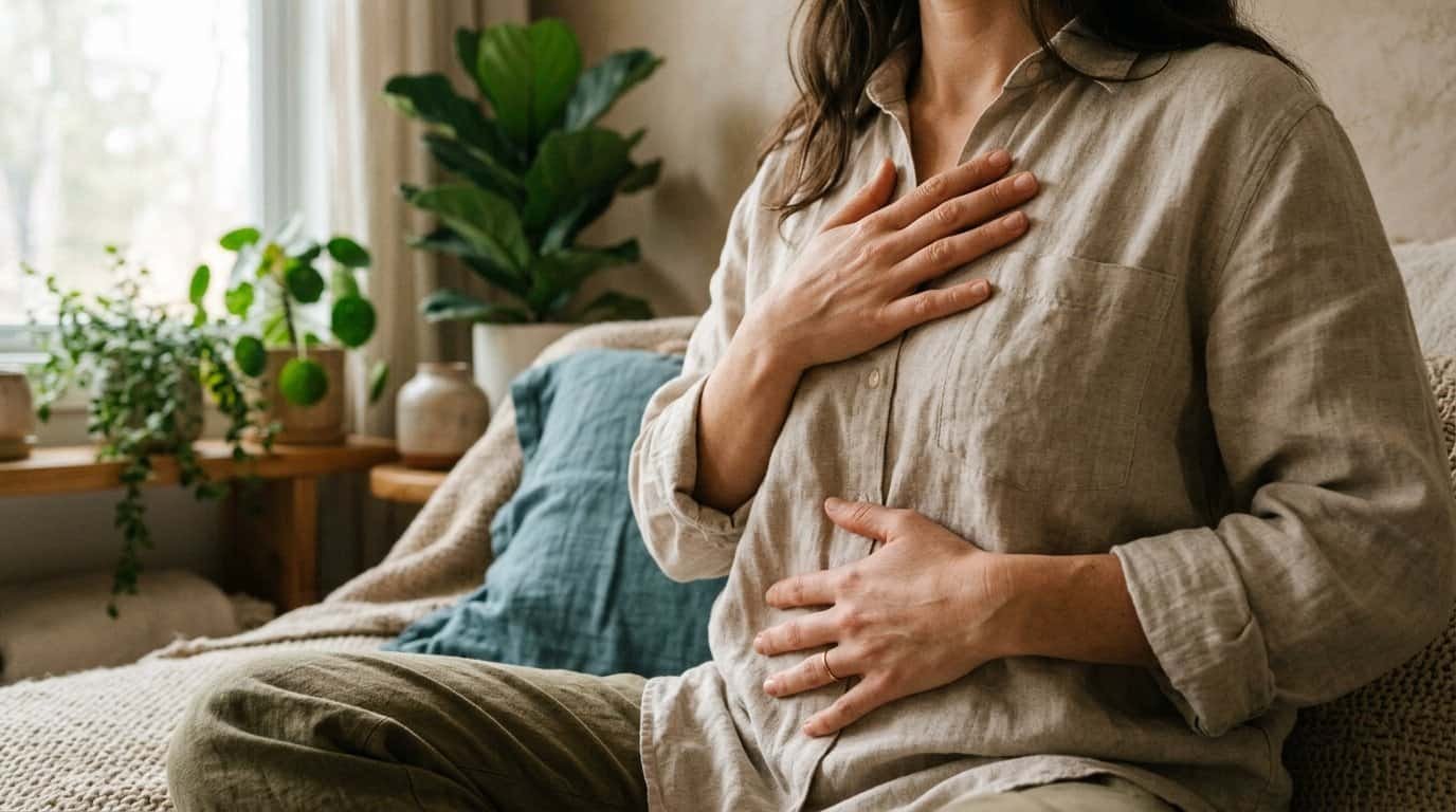 Person practicing diaphragmatic belly breathing with hands on chest and abdomen