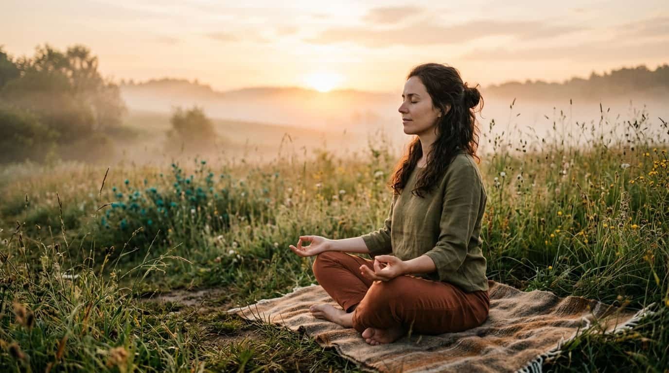 Woman practicing breathwork meditation at dawn in a peaceful meadow