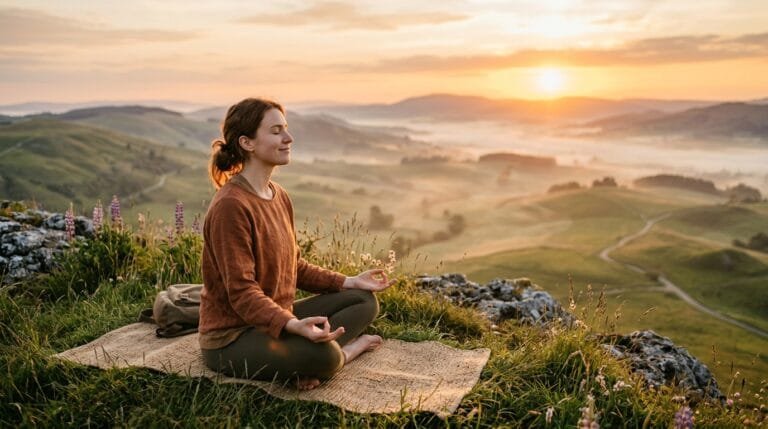 Woman practicing breathwork meditation at sunrise on a hilltop