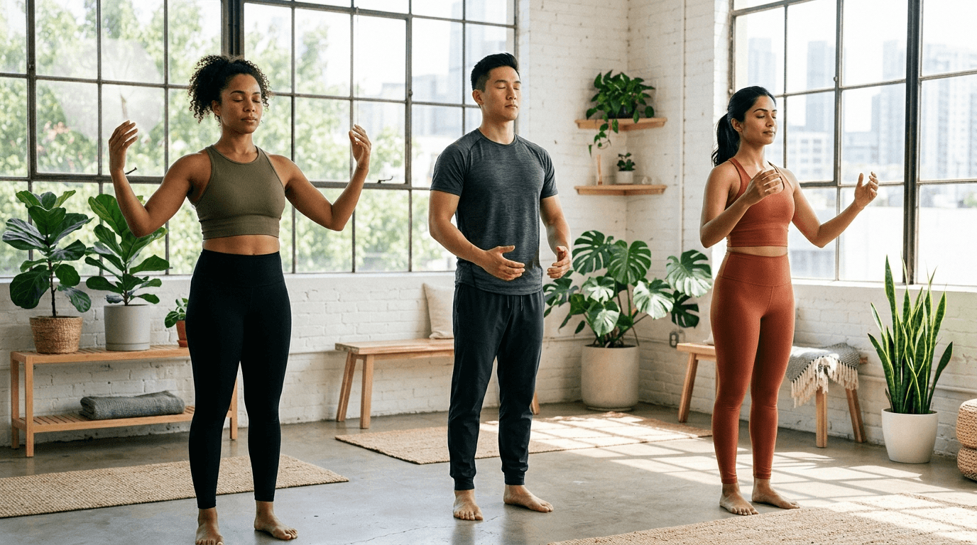 Three people in a bright studio practicing synchronized deep breathing exercises together