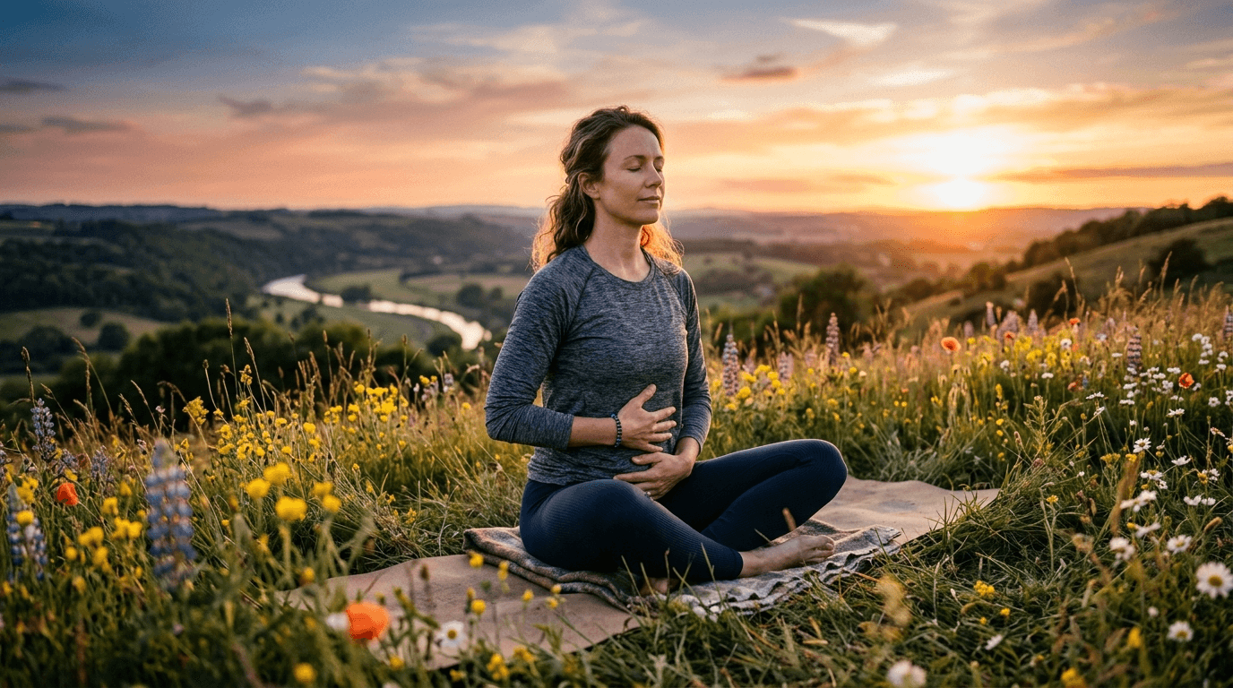 Woman sitting on a grassy hillside at golden hour practicing deep diaphragmatic belly breathing