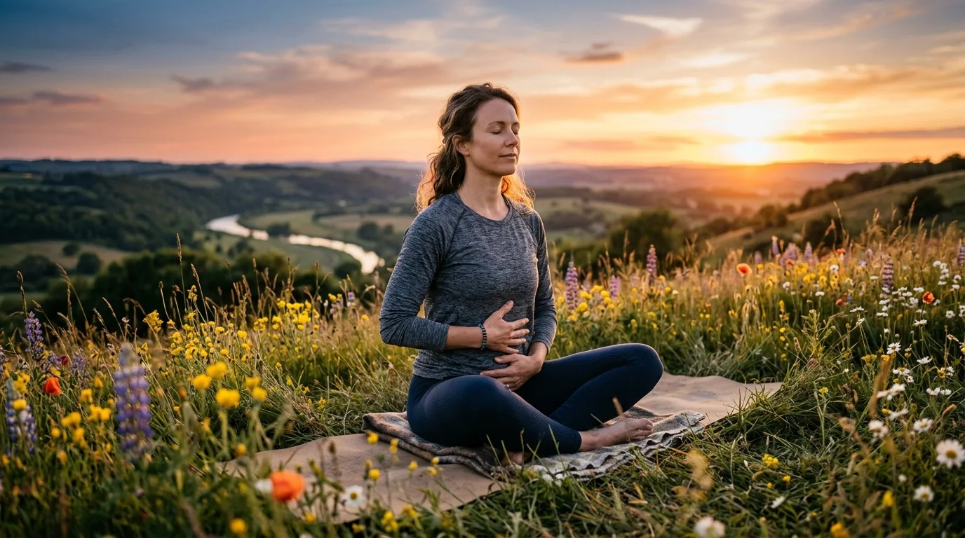 Woman sitting on a grassy hillside at golden hour practicing deep diaphragmatic belly breathing