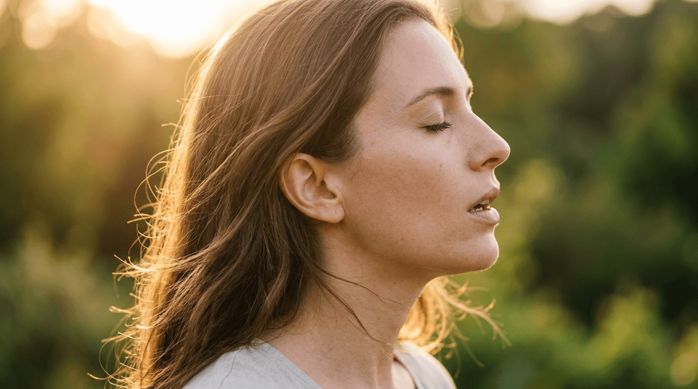 Close-up of a woman doing a long controlled exhale with eyes closed