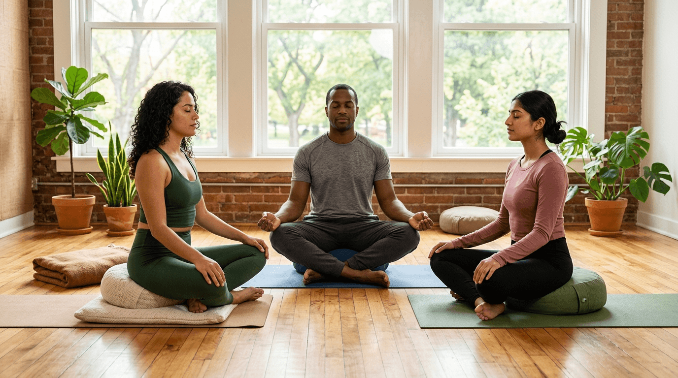 Group yoga class in a bright studio practicing guided breathing exercises