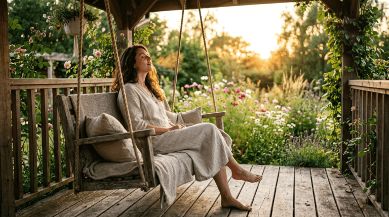 Woman sitting on a porch swing practicing long exhale cyclic sighing
