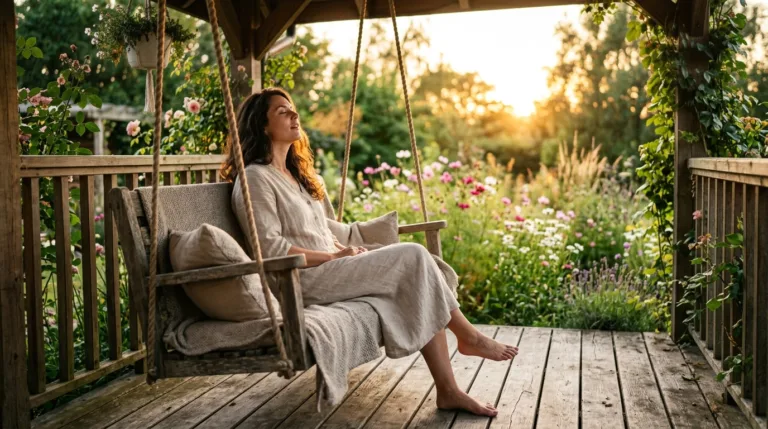 Woman sitting on a porch swing practicing long exhale cyclic sighing