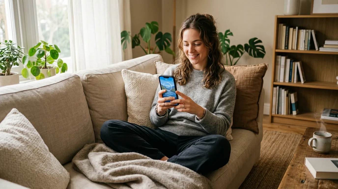 Person using one of the best meditation apps on smartphone in a cozy living room