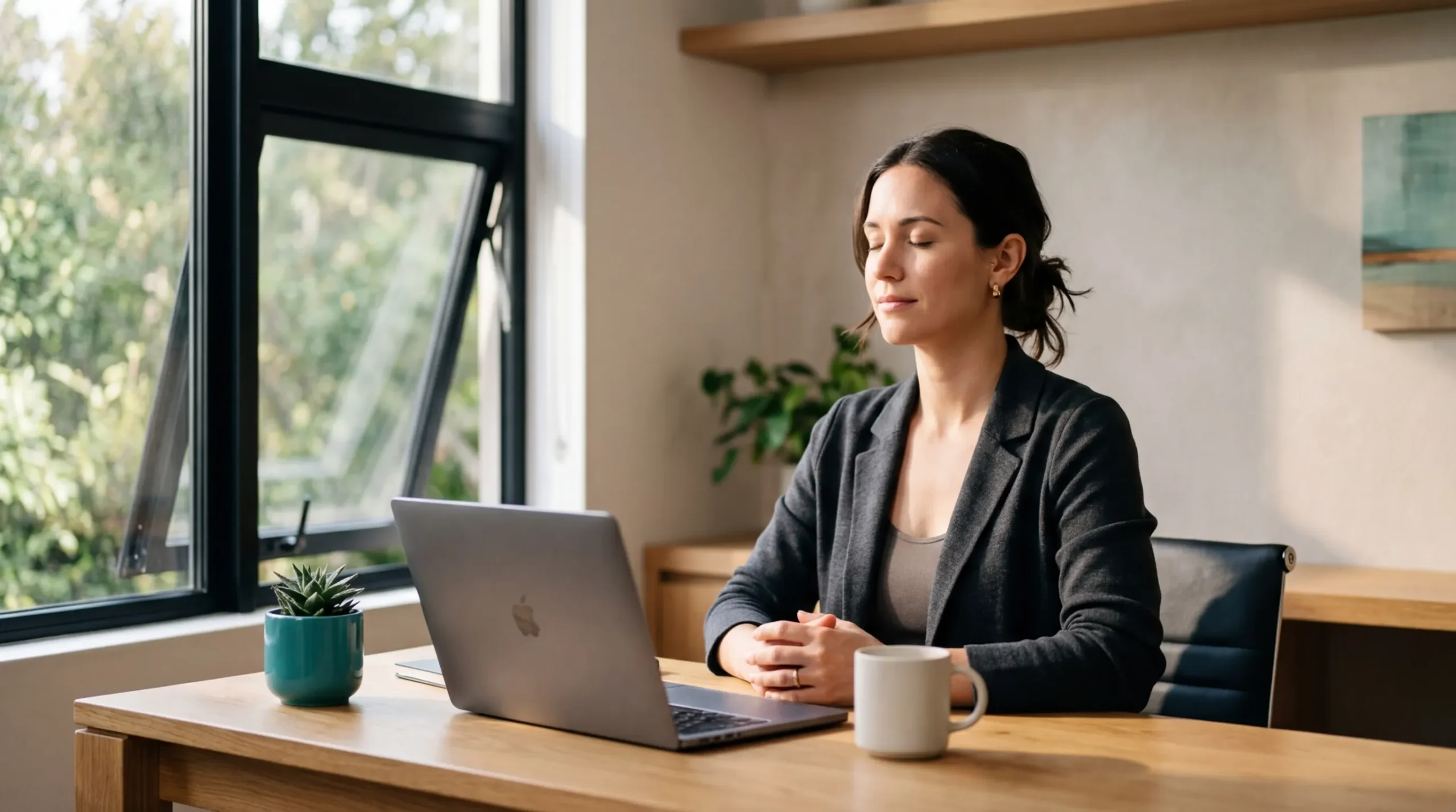 Professional meditating at a minimalist desk with laptop and natural light