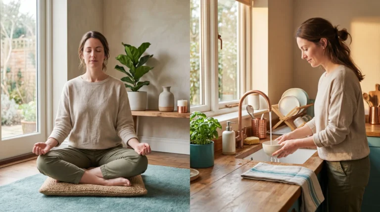 Split image showing formal seated meditation and everyday mindfulness