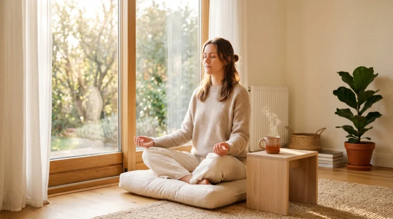 Person meditating peacefully in morning light with a warm cup of tea nearby