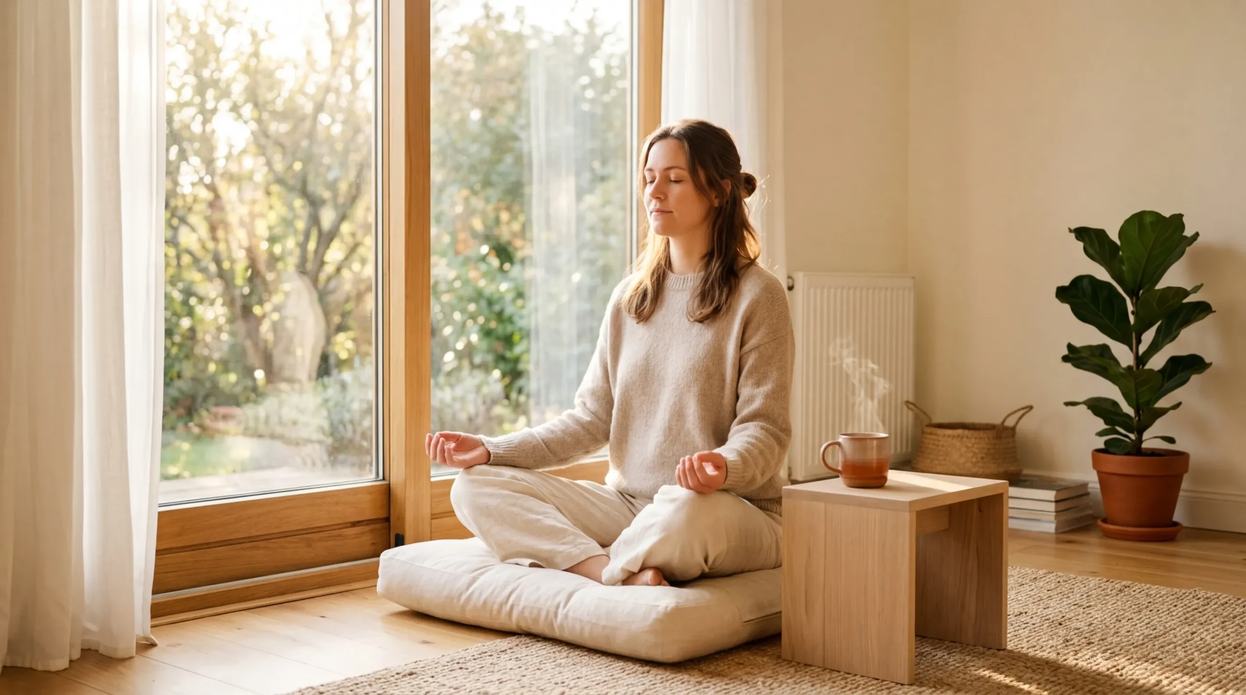 Person meditating peacefully in morning light with a warm cup of tea nearby