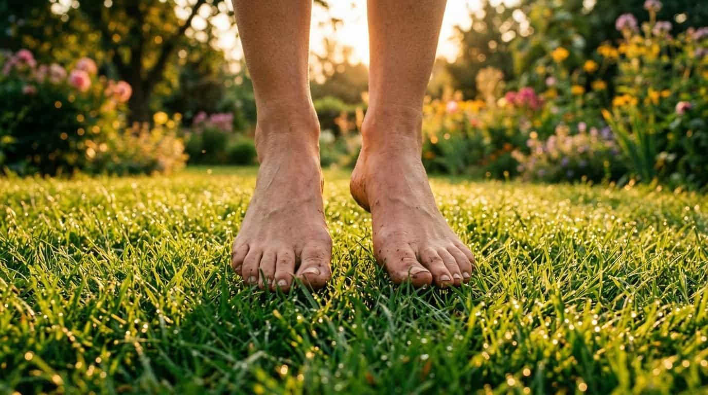 Bare feet grounded on soft green grass at golden hour for nervous system regulation