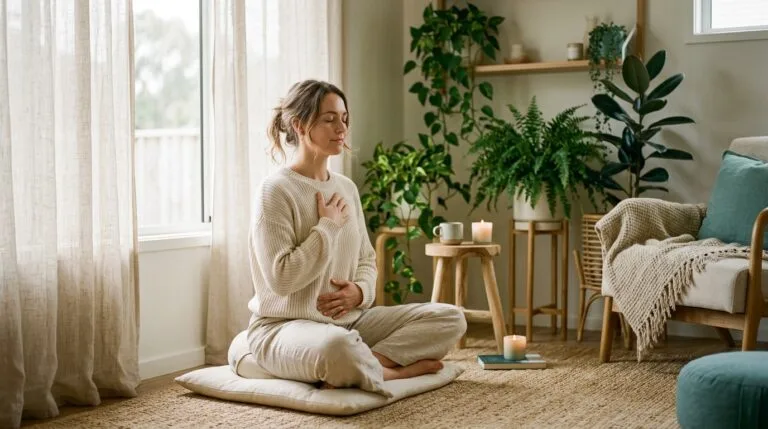 Person practicing nervous system self-regulation in a calm indoor setting