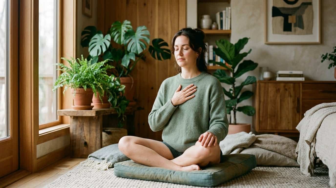 Woman practicing vagus nerve stimulation through conscious breathing in a calm indoor setting