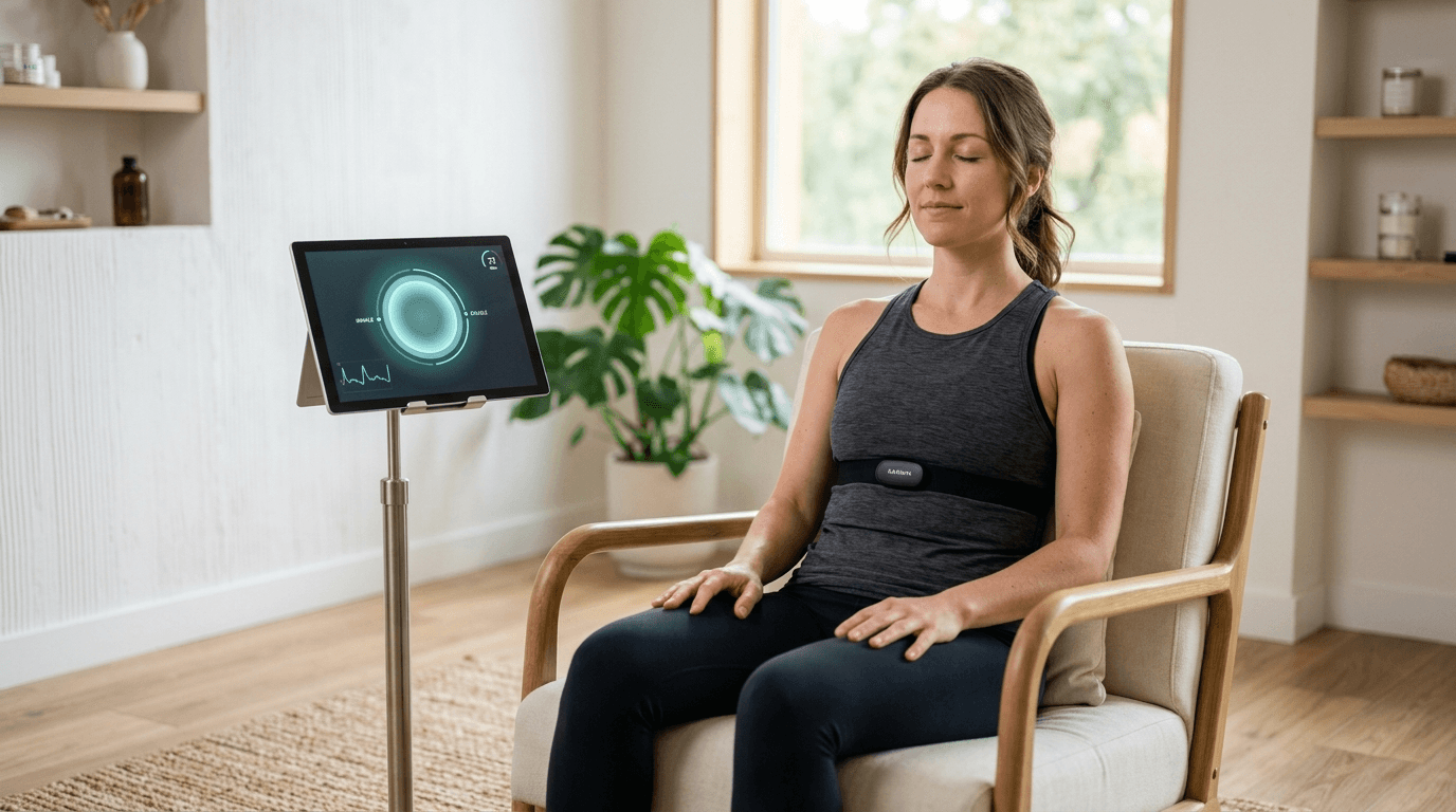 Person in a biofeedback session with breathing sensors and real-time display