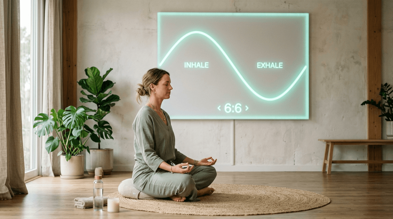 Woman meditating in a wellness studio with a breathing pacer display showing inhale-exhale pattern
