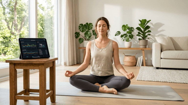 Woman meditating on yoga mat with tablet displaying HRV dashboard showing 78 ms during resonance breathing