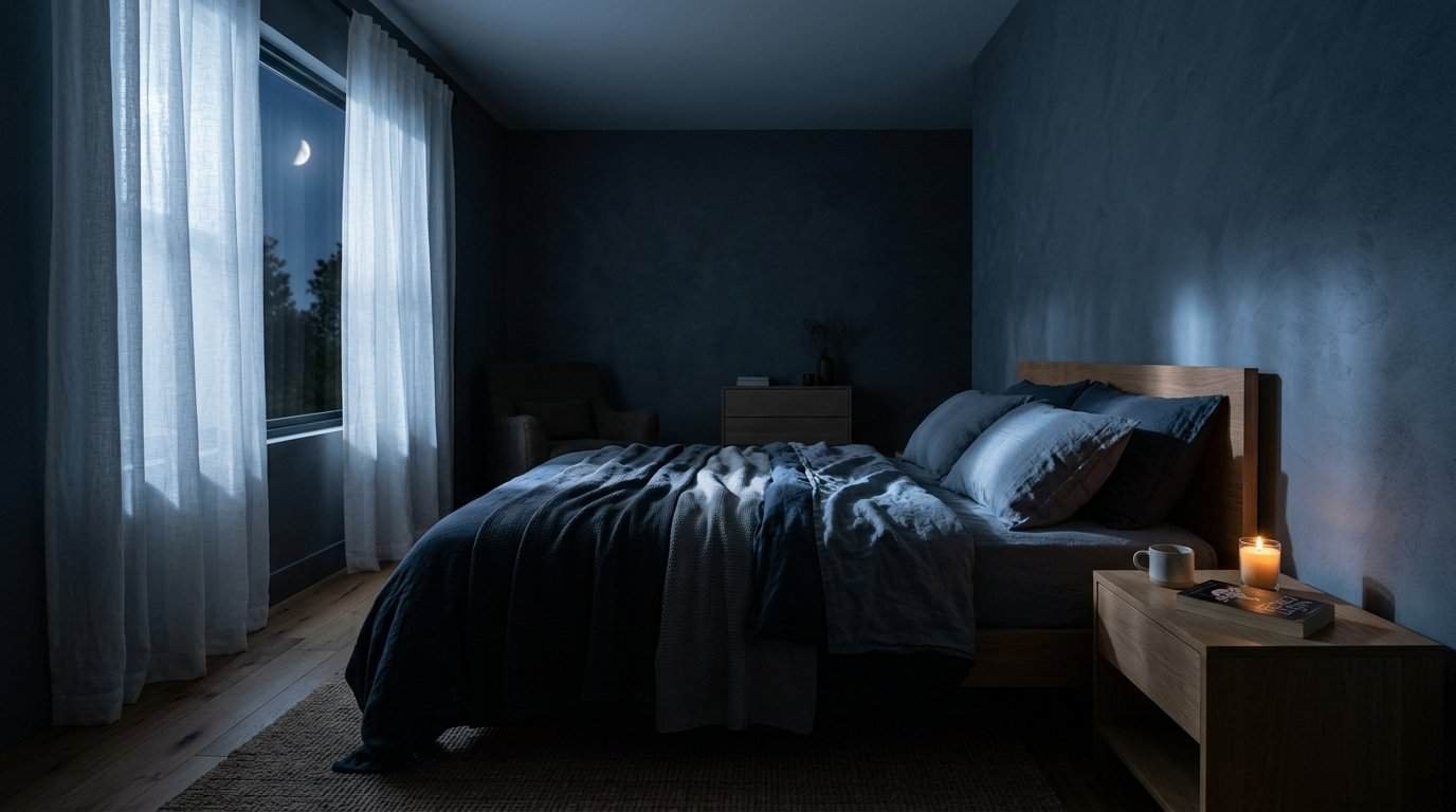 Dark calm bedroom optimized for better sleep with blackout curtains and cool temperature