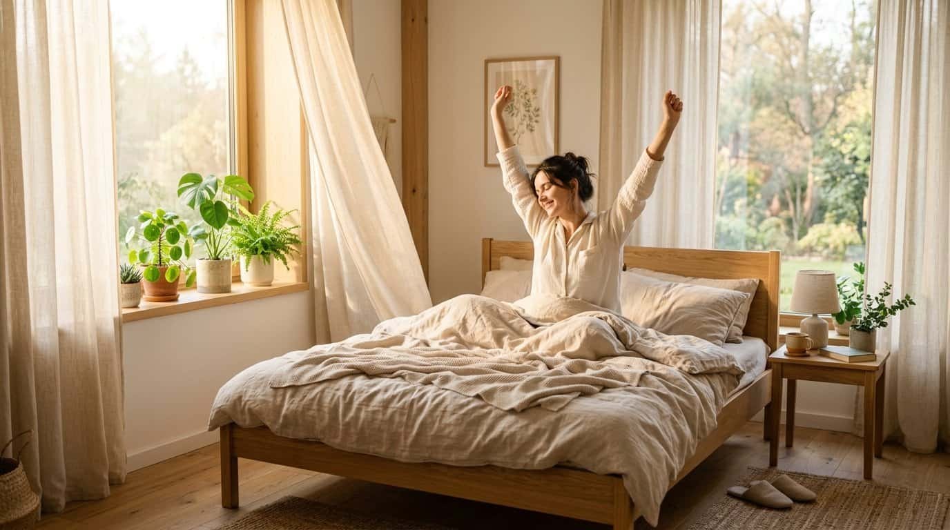 Person waking refreshed after a full night of quality sleep in a sunlit bedroom