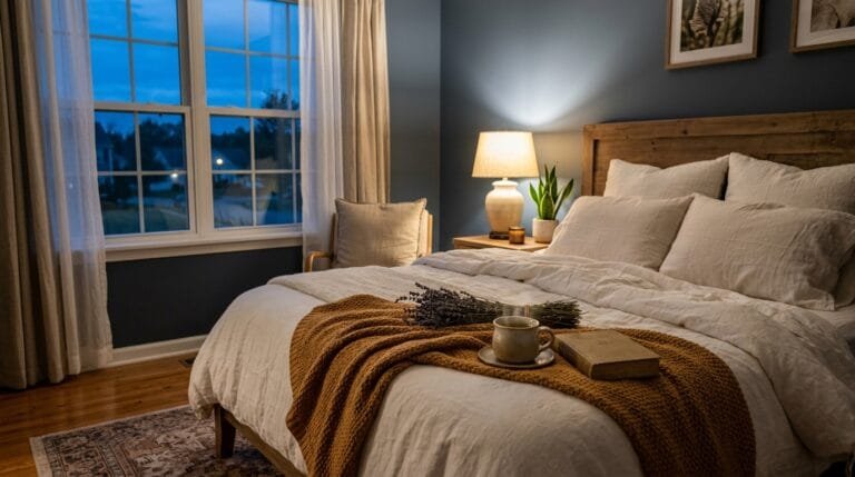 Peaceful bedroom at twilight with cozy bedding and warm lamp light