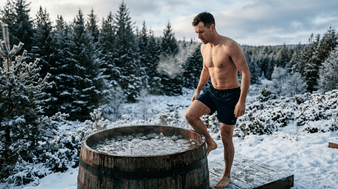 Wooden barrel ice bath outdoors for Wim Hof cold exposure practice