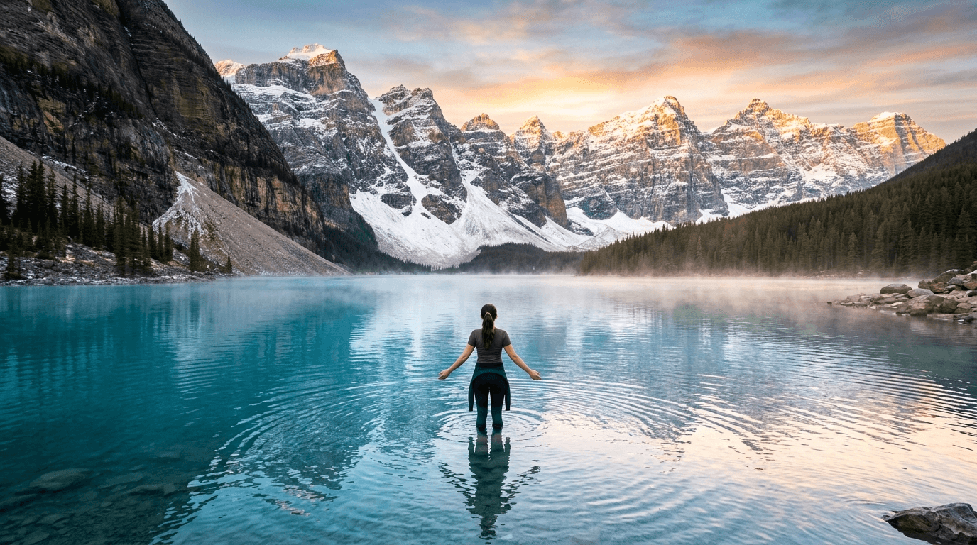 Person entering a cold mountain lake for cold water exposure training