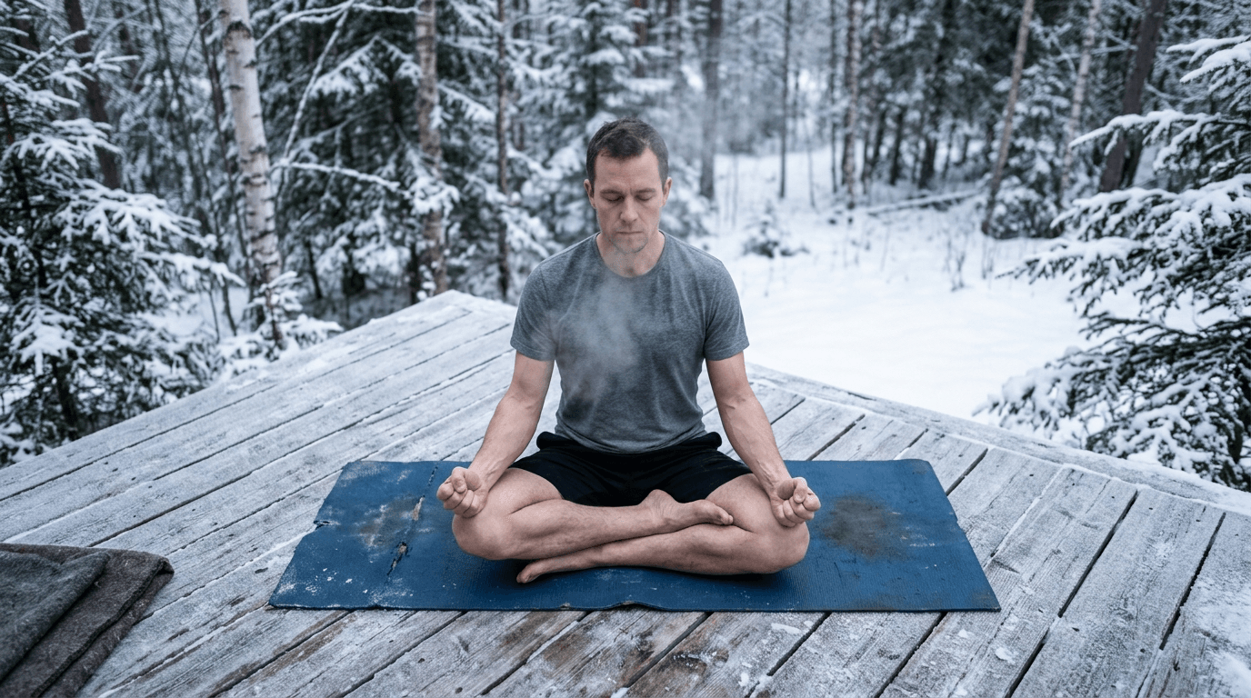 Man meditating on a snowy deck practicing Wim Hof breathwork in winter