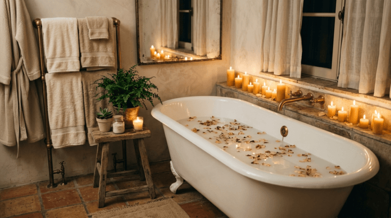Person enjoying candlelit bath as wind down routine
