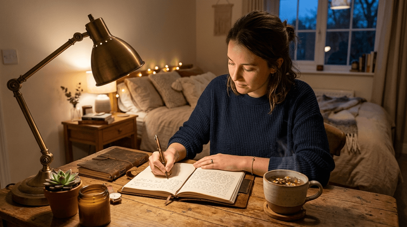 A person writing in a journal beside a bedside lamp with warm dim lighting, illustrating an evening journaling practice as part of a wind down routine before sleep