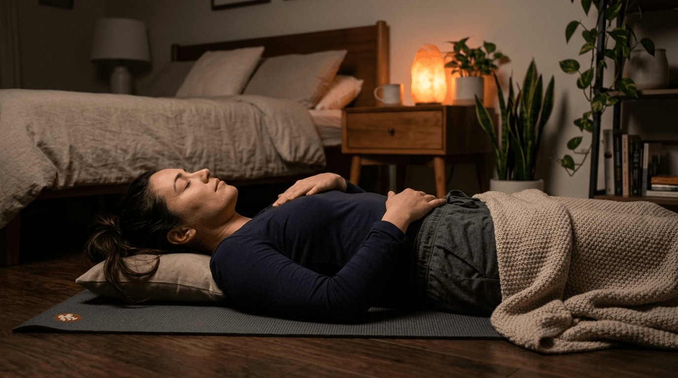 Body scan meditation for sleep relaxation on yoga mat