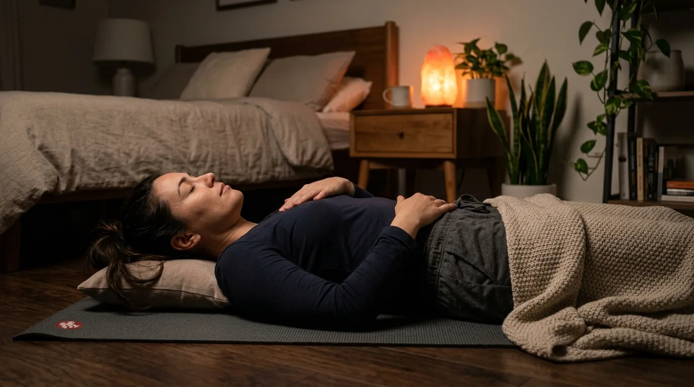 A woman lying comfortably on her back in a dimly lit bedroom practicing a body scan meditation before sleep