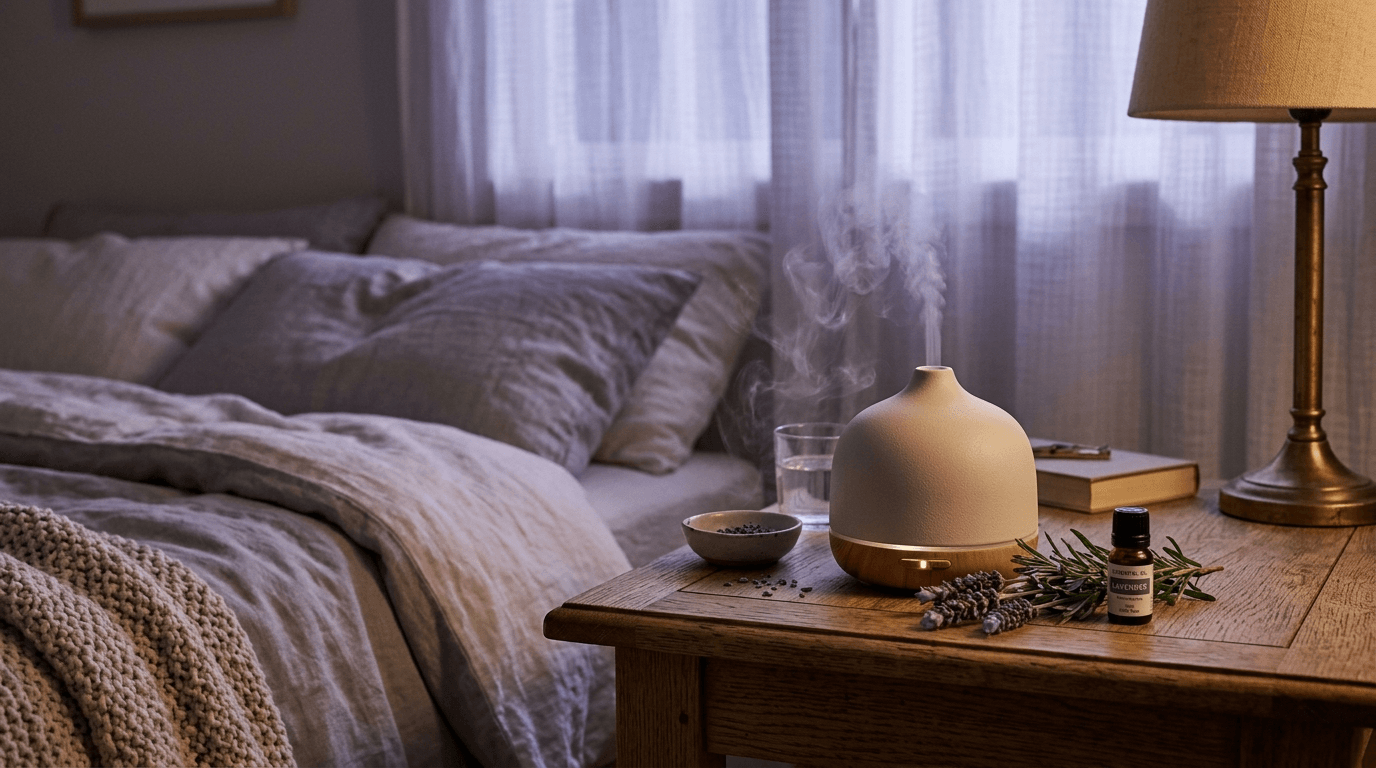 An essential oil diffuser on a bedside table in a dimly lit bedroom releasing a gentle mist of aromatherapy for sleep