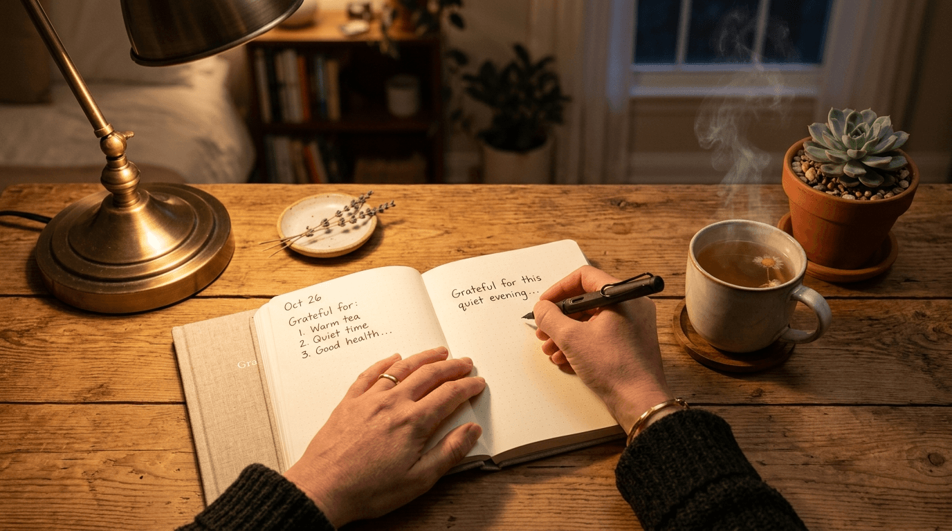 A notebook and candle on a wooden table beside a warm fireplace, creating a calm evening journaling atmosphere for sleep relaxation techniques