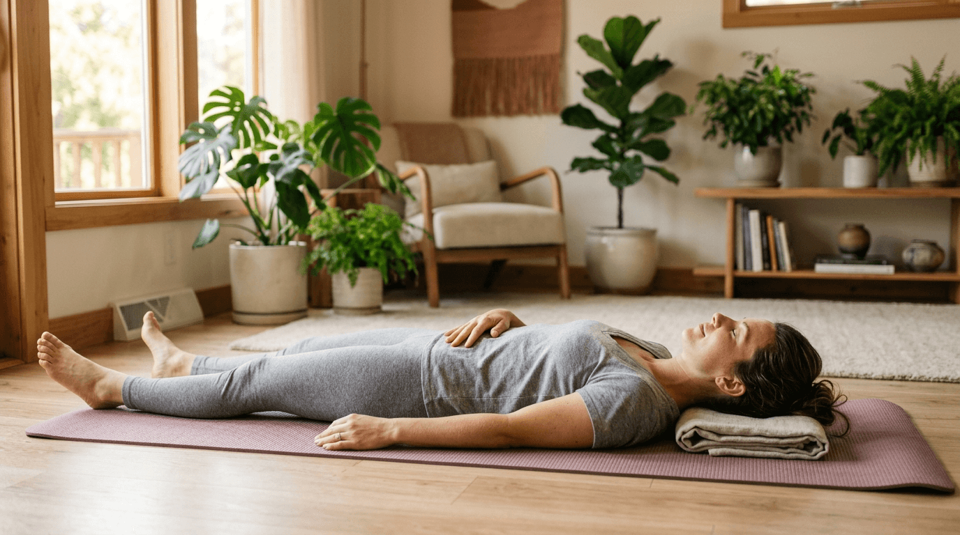 A person performing a gentle somatic exercises body scan while lying relaxed on a yoga mat in a peaceful room with warm natural light
