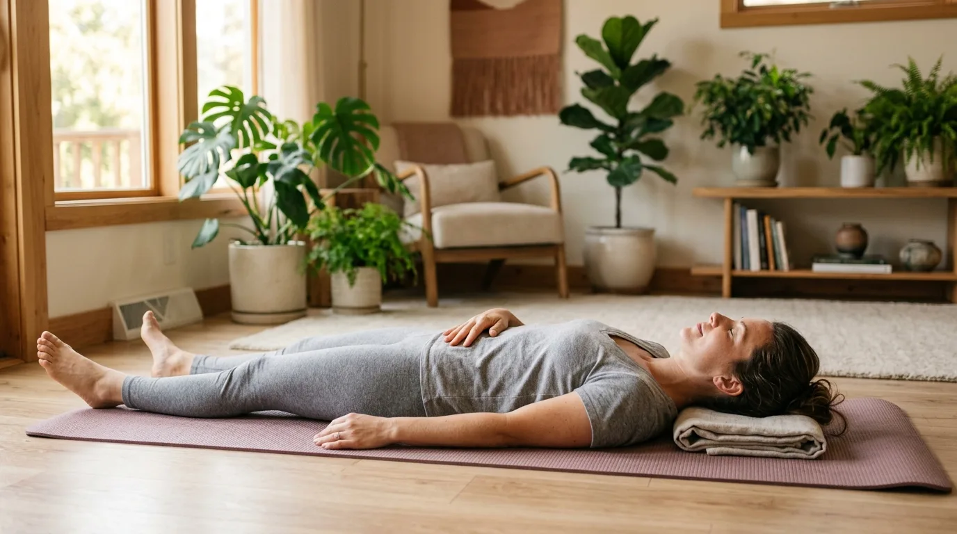 Person lying relaxed on a yoga mat in a quiet room with warm natural light, practicing a somatic body scan with eyes closed and arms gently at their sides
