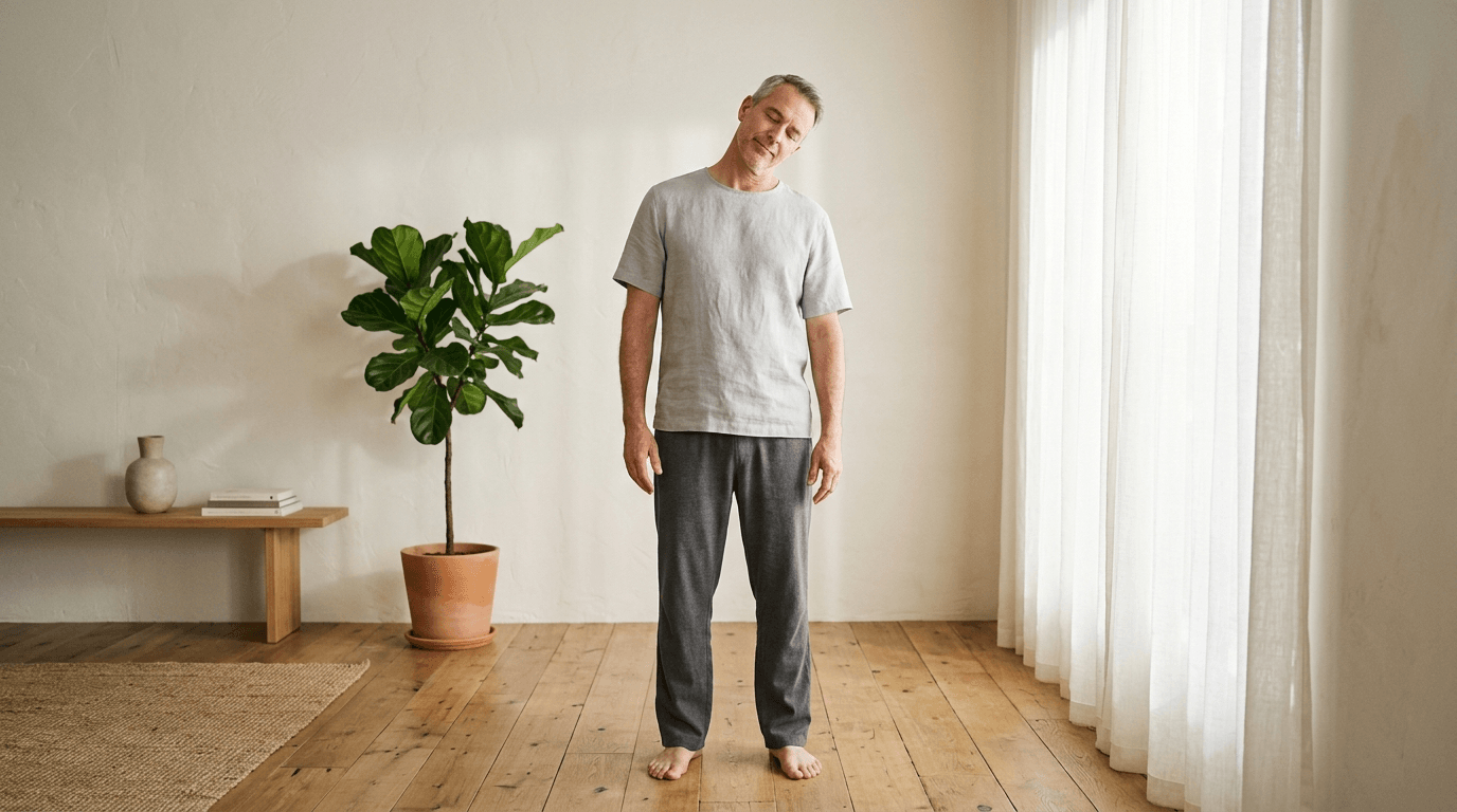 A man in comfortable clothes performing a slow stretching movement in a quiet room with soft lighting