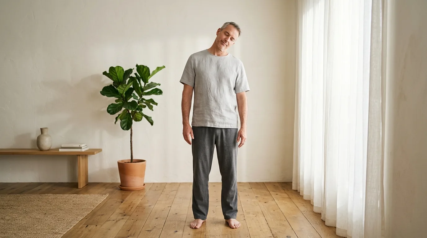 Person in comfortable clothes performing a slow somatic spinal movement on a firm surface, demonstrating the deliberate pacing that distinguishes somatic work from conventional stretching