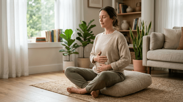 Woman practicing diaphragmatic breathing exercise