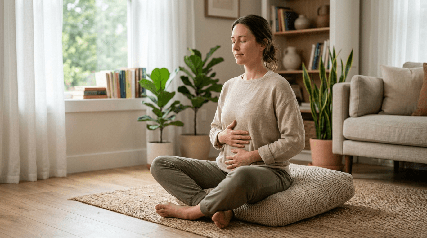 Woman practicing diaphragmatic breathing exercise