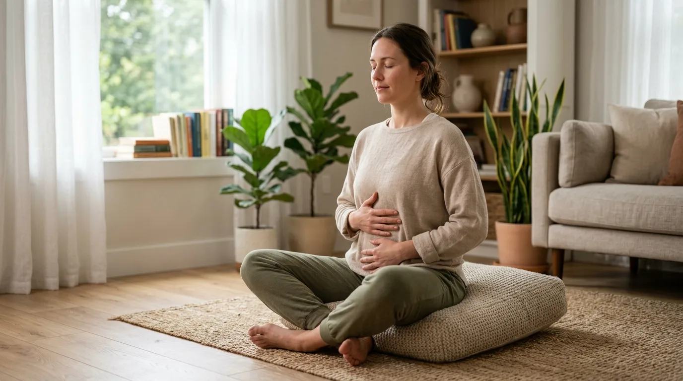 Woman sitting cross-legged on the floor practicing deep diaphragmatic breathing with eyes closed, hands resting on belly and chest